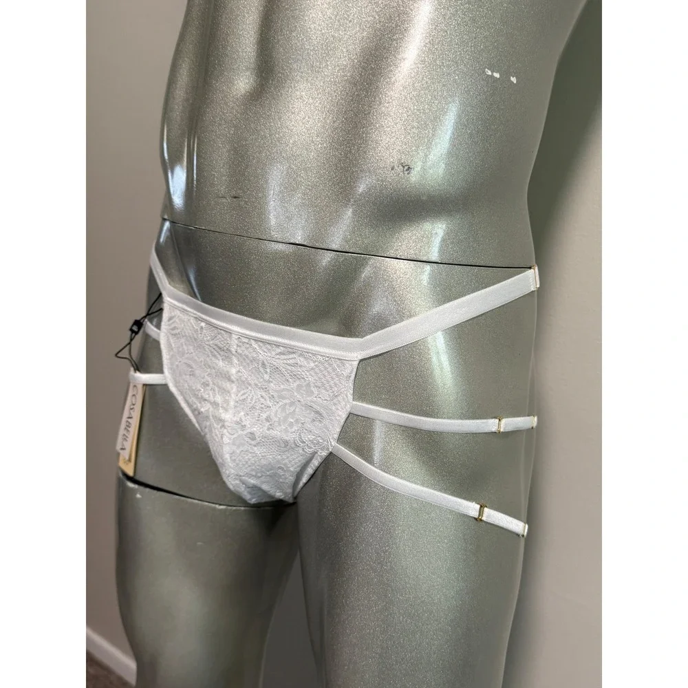 Cosabella Mens White Never Say Never Strappy Lace Thong Adjustable Gold Hardware
